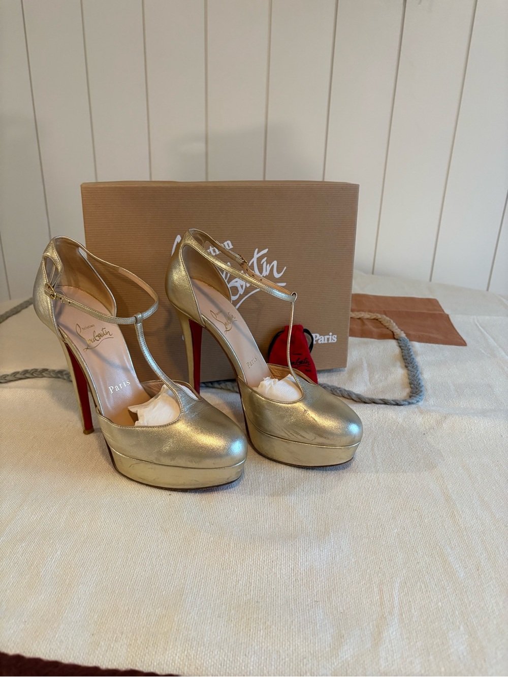 Christian Louboutin Gold Metallic T-Strap Platform Pumps - Picture 6 of 7
